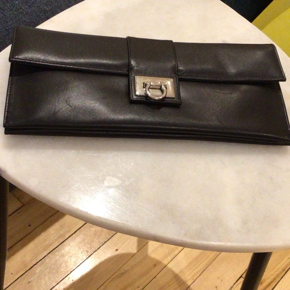Handbags - Black Leather Clutch with Silver Clasp